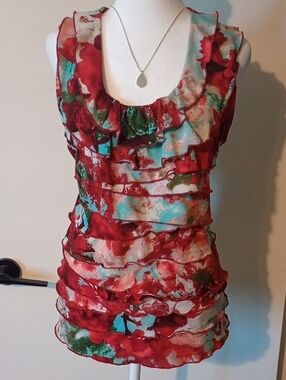 Red and Turquoise Abstract Pattern Sleeveless Blouse With Ruffles Size Large